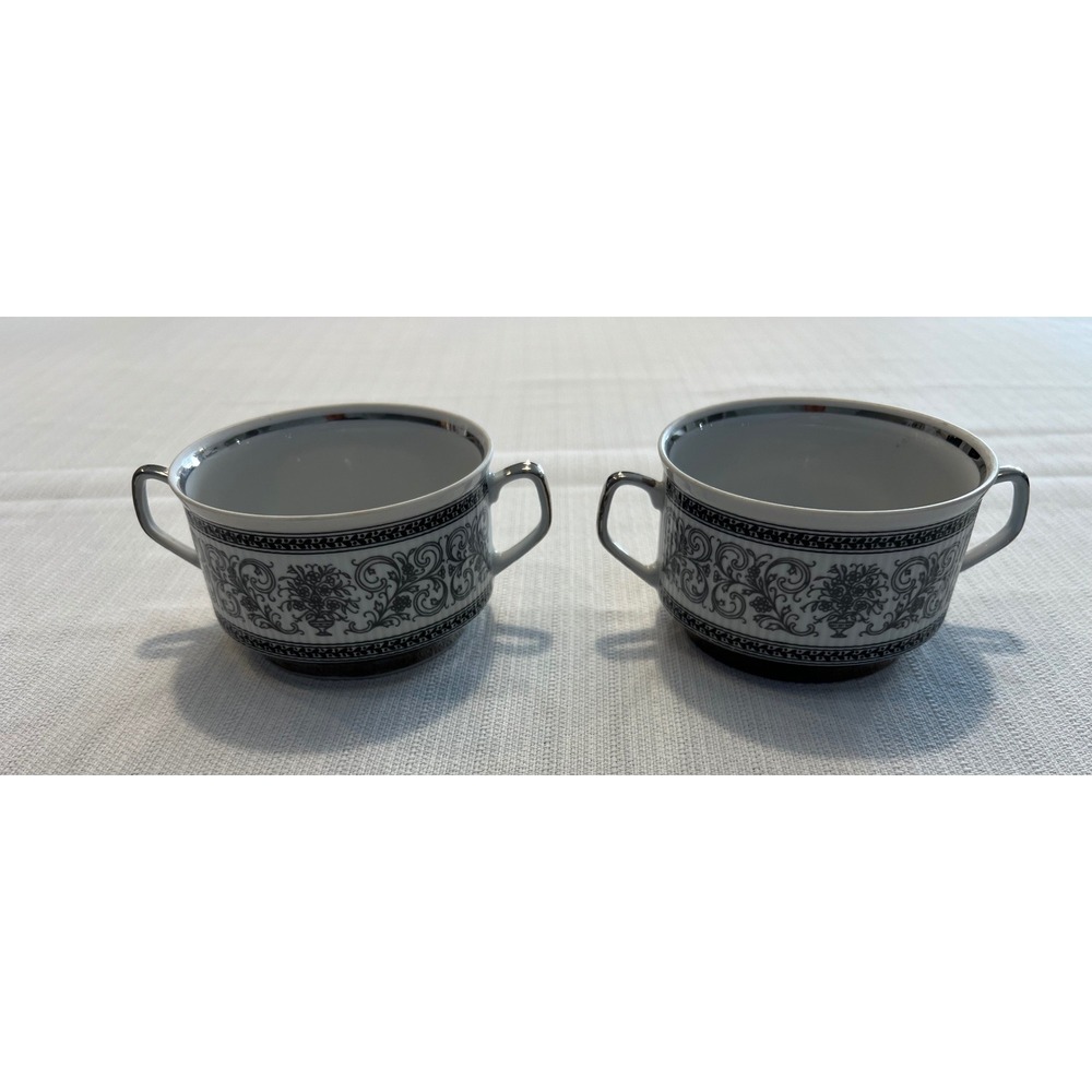 Chodziez Poland Porcelain Bouillon Cups Set‎ of 2 Black White Floral Silver Trim